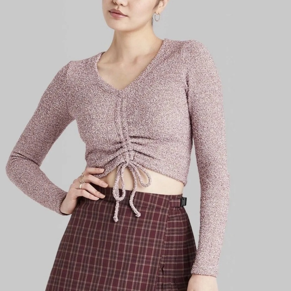 Wild Fable Purple Long Sleeve V Neck Knit Sweater Ruched Front Fitted XS